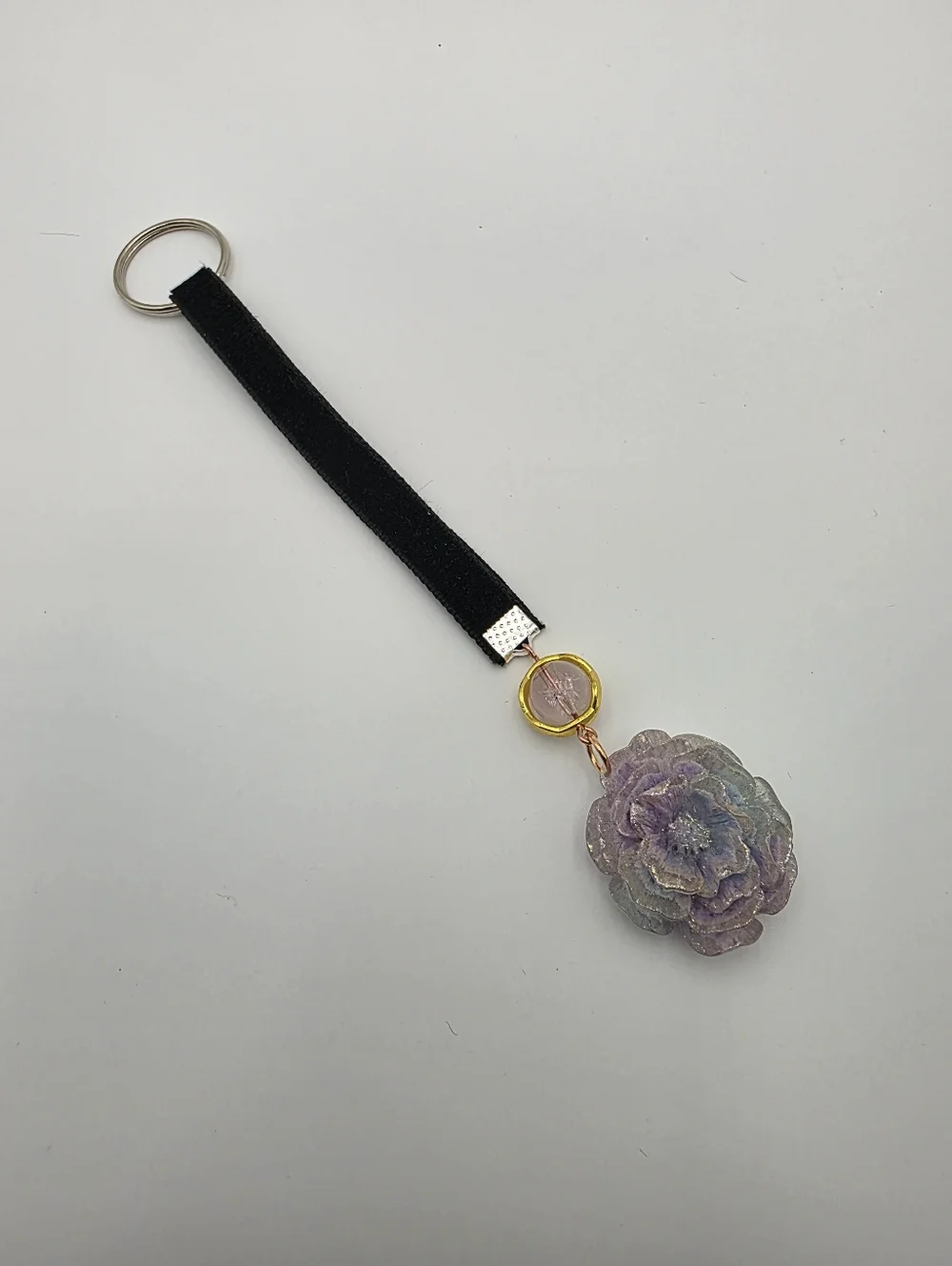 Iridescent Purple Flower Key & Card Holder with Black Velvet Strap - Picture 3 of 5